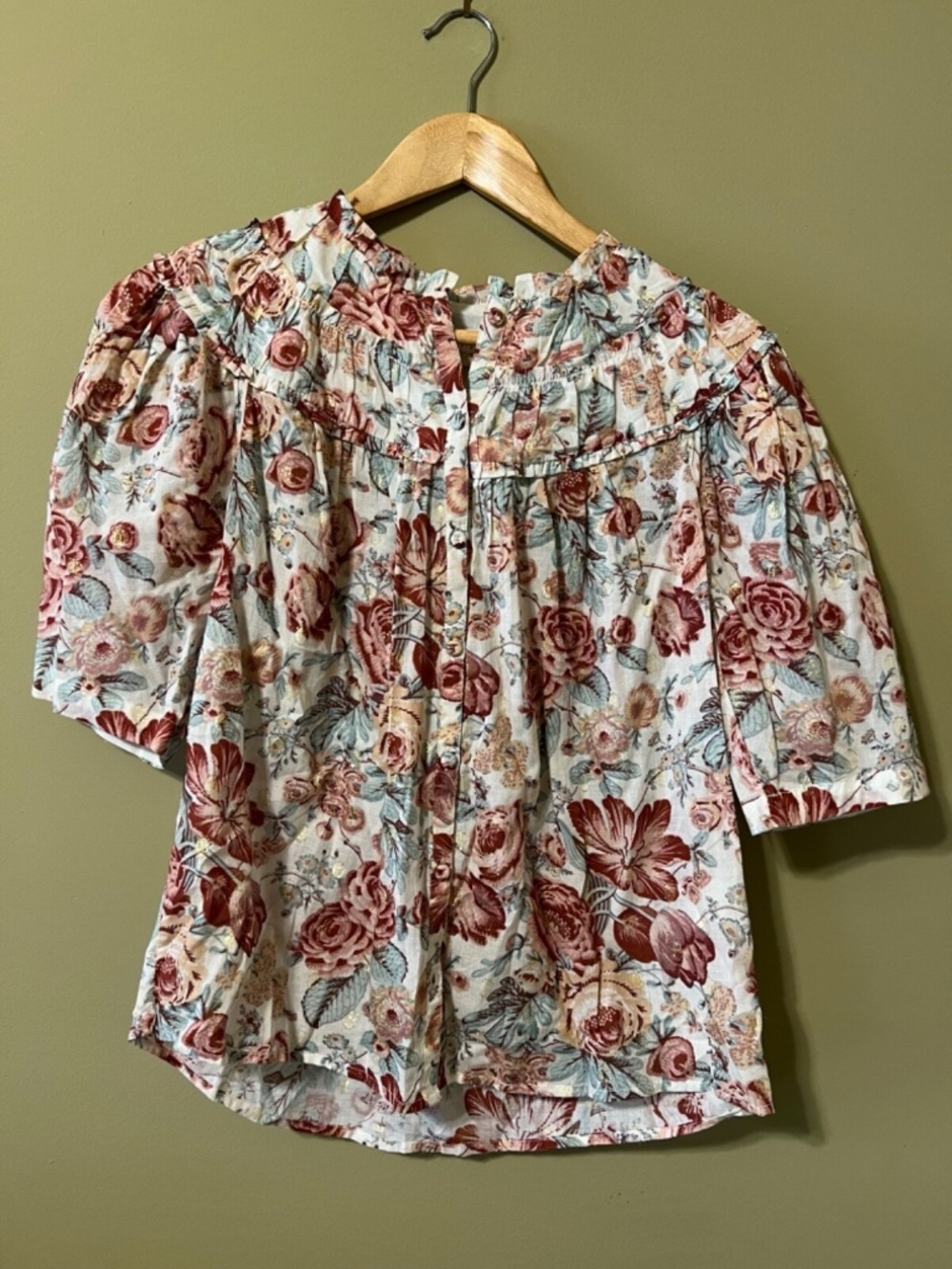 La Vie Rebecca Taylor Short Sleeve Button Down Floral Top Women's Size XS